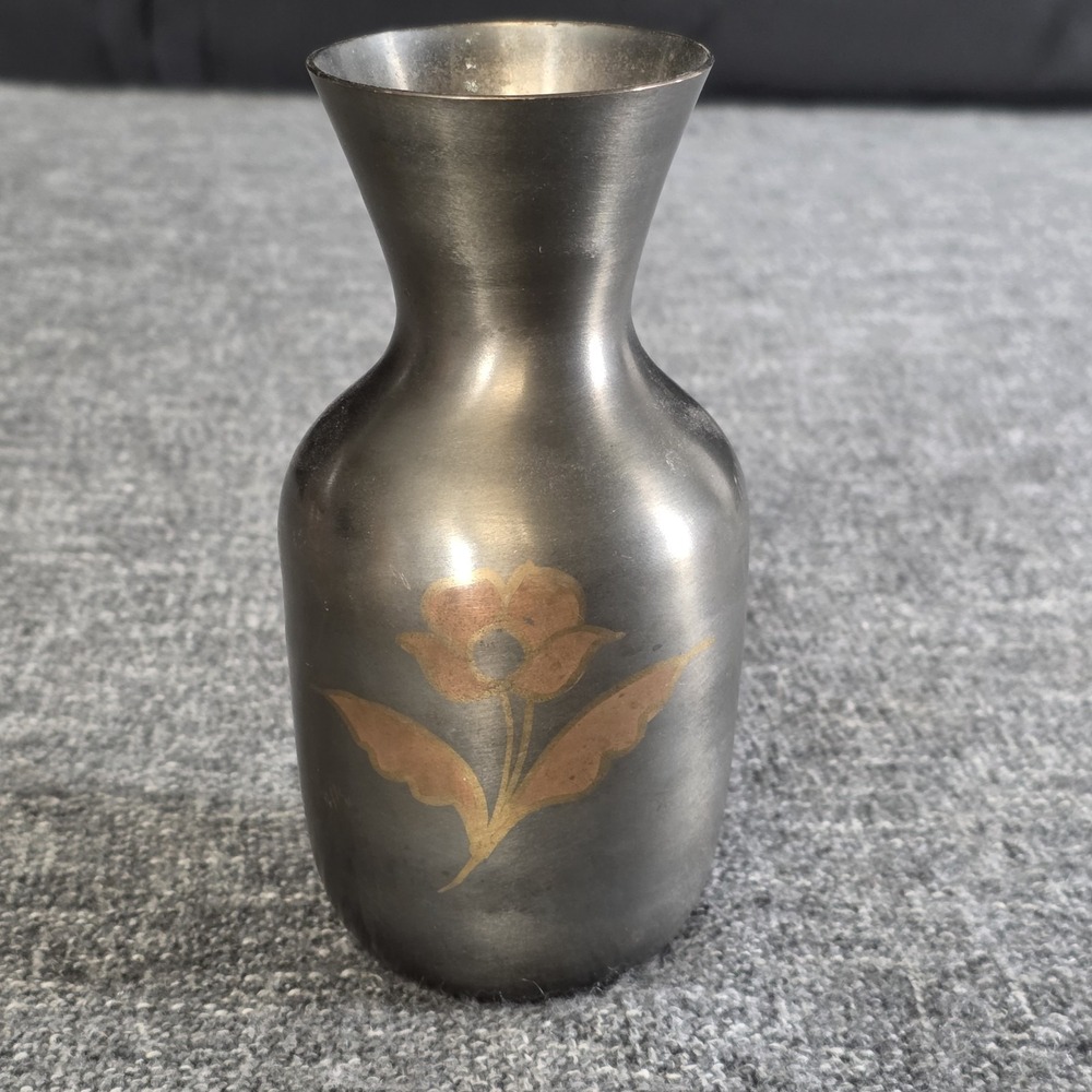 Vintage Mixed Metal Etched Flower Bud Vase 6 Inch Brushed Pewter Copper Tone